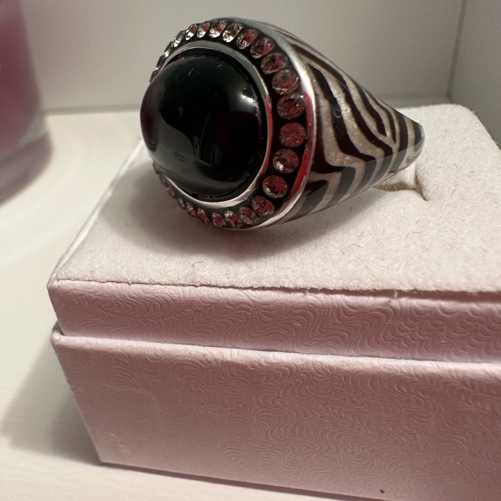 Vintage David Sigal Sterling 925 Ring Black Zebra Enamel 7.5